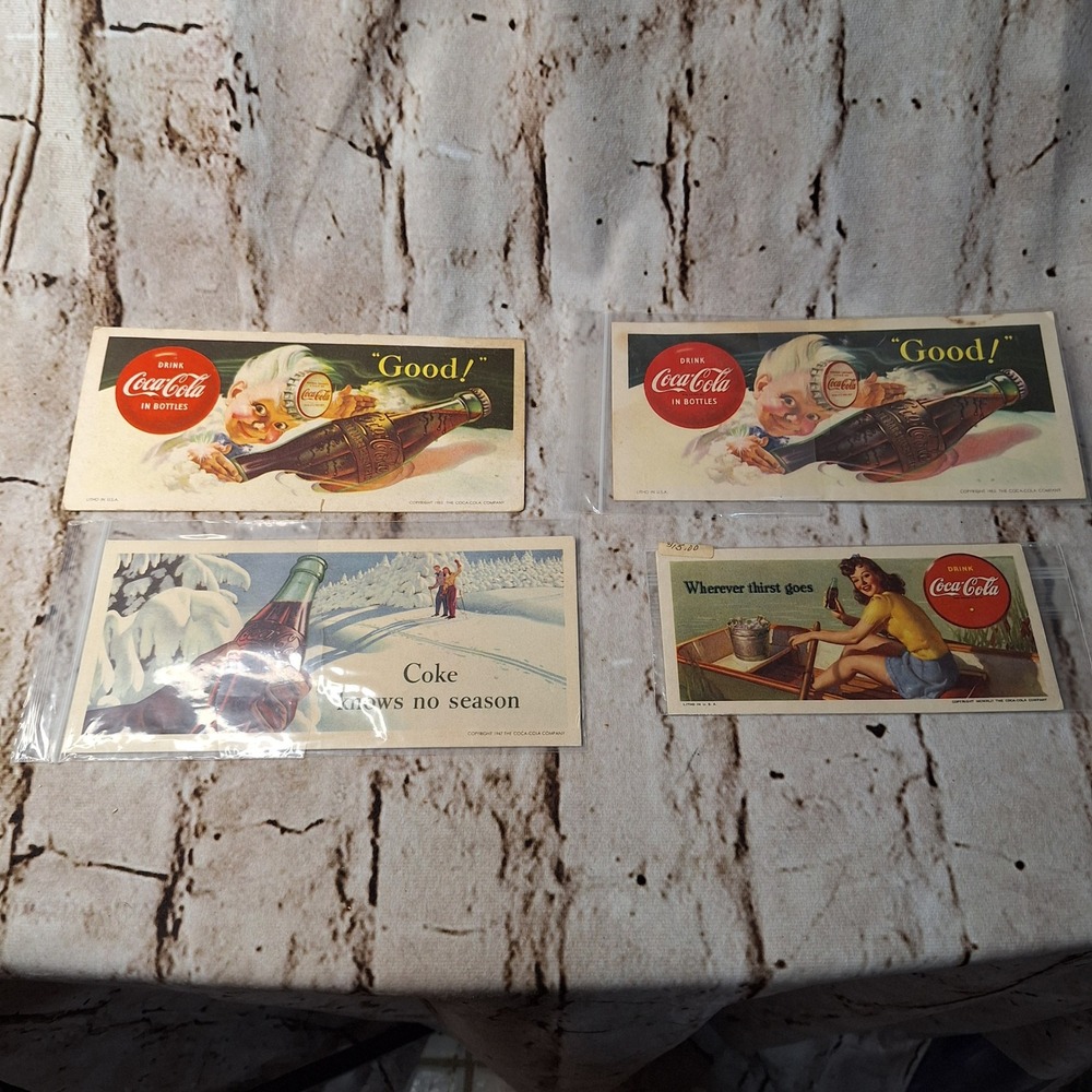 Vintage Coca-Cola Advertising Lot 4 Litho Blotters 1940s 1950s & 2 Pox Signs